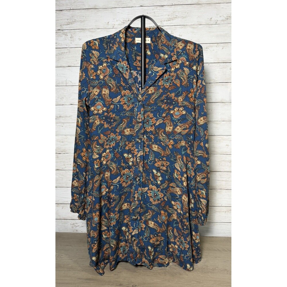 Natural Life Ansley Folklore Button Front Shirt Floral Paisley Boho Dress M Blue